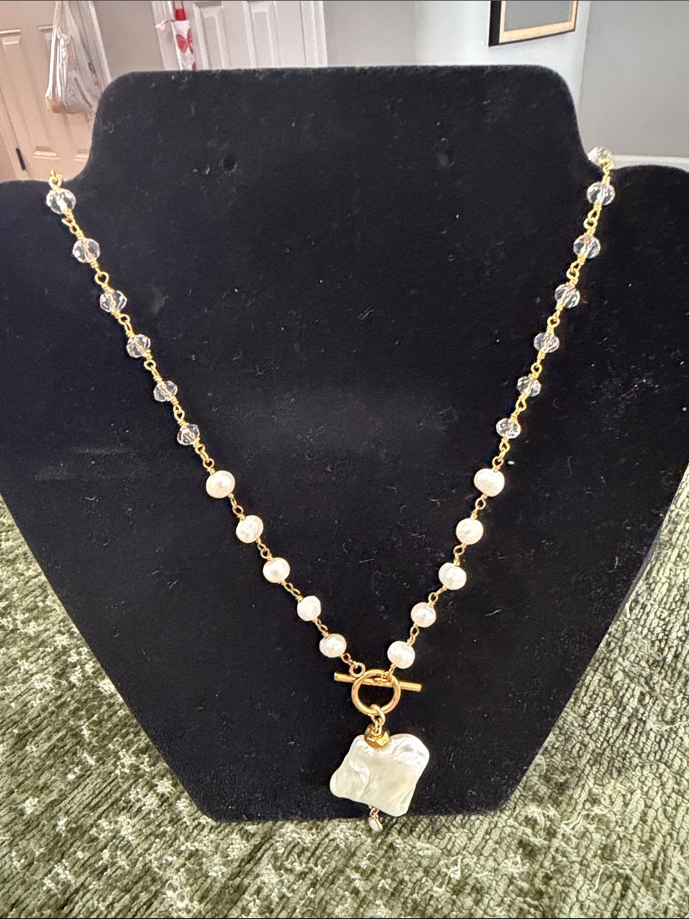 Gold Pearl Beaded Necklace with Irregular Pearl Pendant